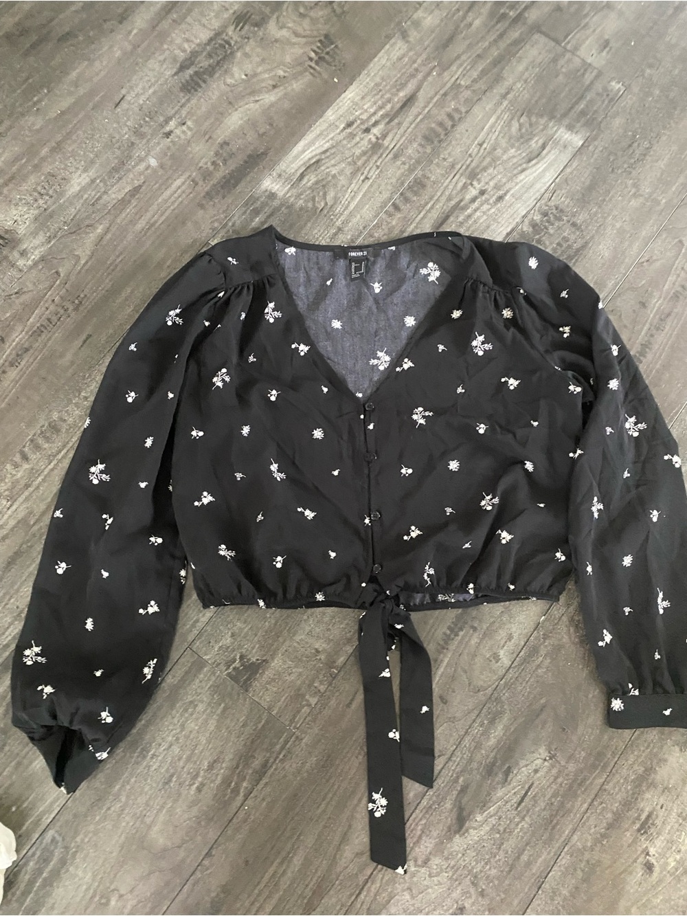 Forever 21 Black Floral Tie-Front Blouse